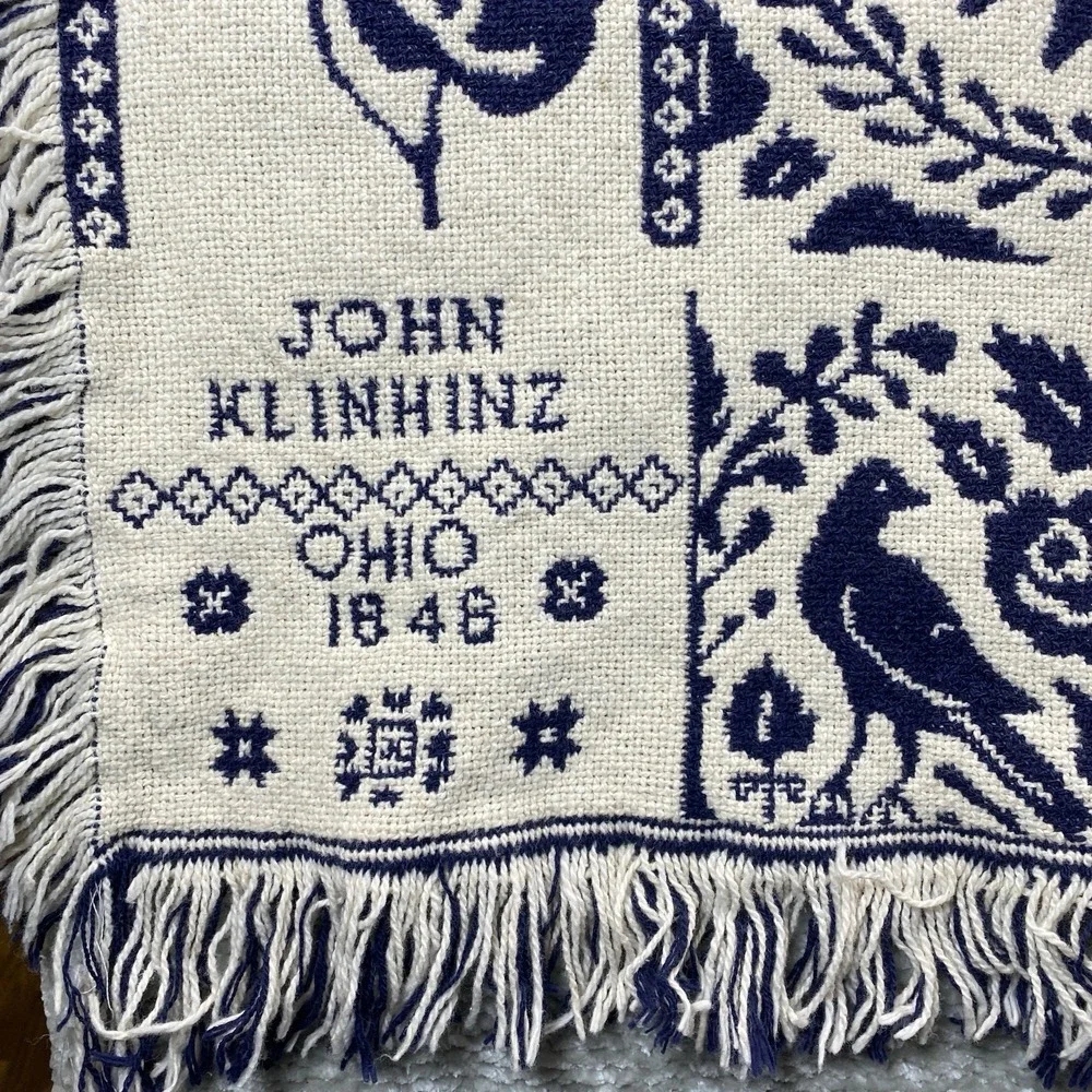 Repro John Klinhinz Ohio 1848 Reversible Cotton Throw Dark Navy/Cream 48